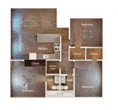 Floor plan for 3 beds, 2 baths, 1190 sqft